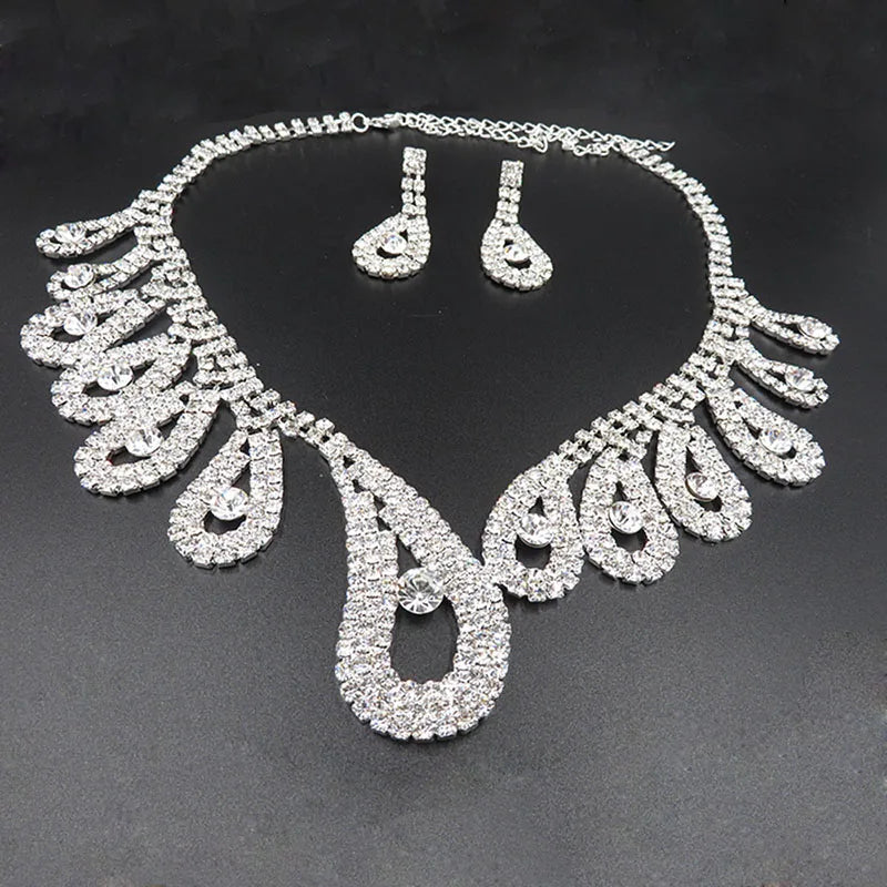 AINAMEISI Luxury Crystal Bridal Jewelry Sets Rhinestone Silver Plated Wedding Acessories Charm Necklace Earrings Sets For Women