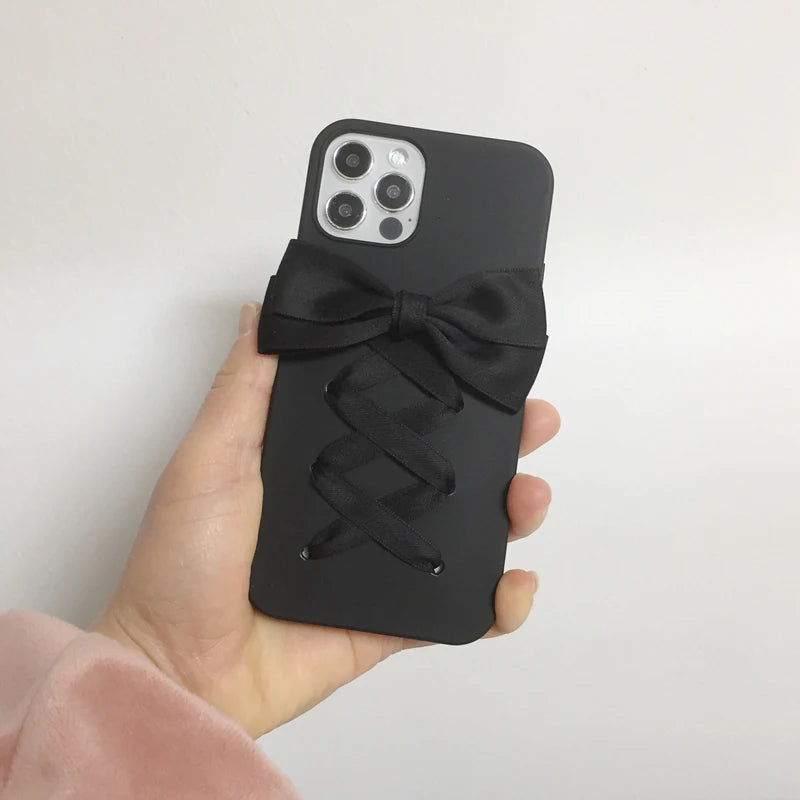 Sweet Girl Lolita Black Bowknot Iphone Case for 15 16 Pro Max Soft Phone Case Handmade Women Phone Covers for IPhone 11 12 13 14