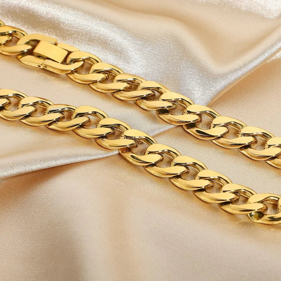 12mm Large Flat Curb Necklace Simple 18k Gold Plated Stainless Steel Choker Necklace Jewelry