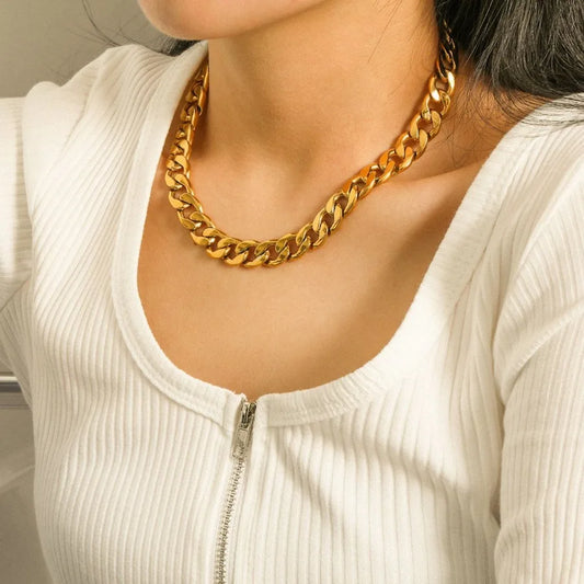 12mm Large Flat Curb Necklace Simple 18k Gold Plated Stainless Steel Choker Necklace Jewelry